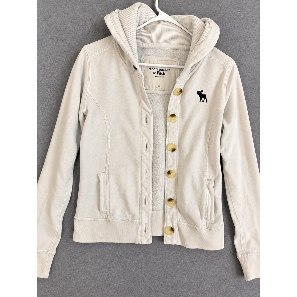 Abercrombie & Fitch Hoodie Womens Medium Button Front Moose Logo Cream Fleece M